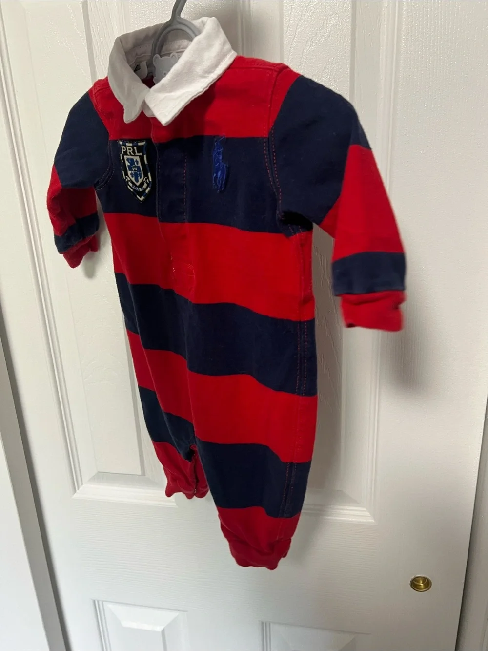 Ralph Lauren Baby Boy Red Navy Striped Rugby Romper 3M